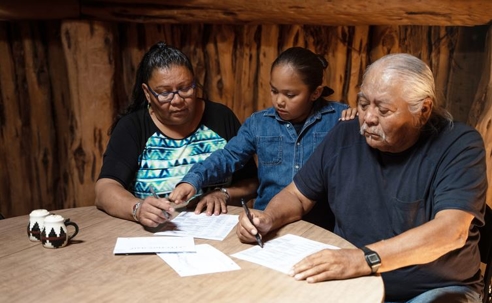Two native americans signing divorce papers