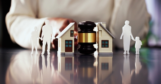 image of a gavel between a split house figure